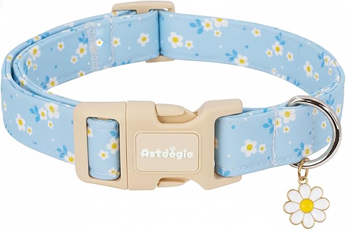 Dog Collar for Small Medium Large Dogs, Spring Blue Dog Collars with White Flowers, Adjustable Cotton Dog Collars, Cute Girl or Boy Dog Collar Ideal for Gifts,Pet Accessory,S