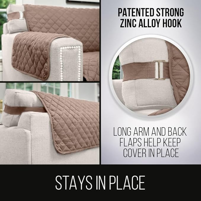 Sofa Shield® Couch Slip Covers for Dogs, Reversible Furniture Protector with Strap, Stain and Tear Resistant Cushion Cover, 88 inch Seat, Machine Washable Slipcover Pets, Cats, Latte Linen