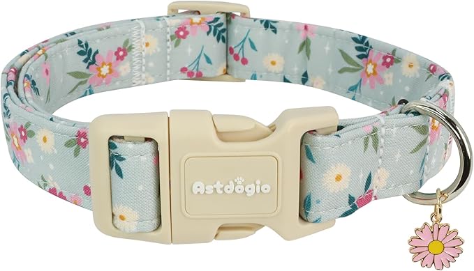 Cotton Dog Collar, Blue Dog Collar with Flowers Pattern for Spring Summer Design, Adjustable Puppy Dog Collars, Cute Girl or Boy Dog Collar Ideal for Gifts,Pet Accessory,XS