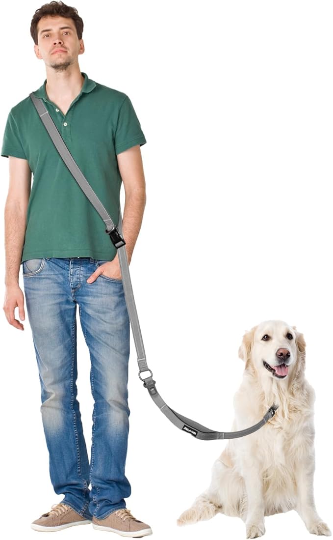 Hands Free Dog Leash & Car Seatbelt, 5.3-7.9ft Crossbody Dog Belt with Dual Soft Handles, Shock-Absorbing, 360° Clip, Reflective Design for Walking, Running, Hiking, Travel. (Gery)