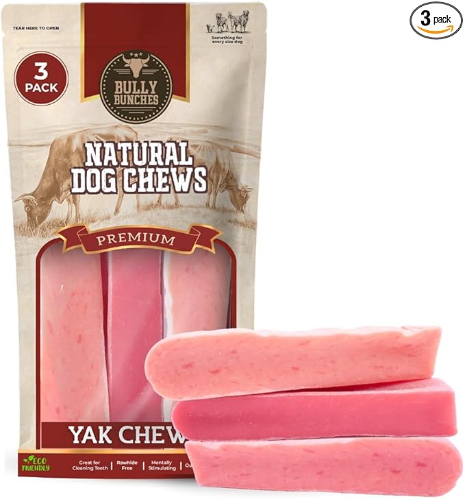 Bully Bunches Premium Fruit-Flavored Himalayan Yak Chew for Dogs - 100g, All-Natural, Long-Lasting, Authentic Yak Milk, Healthy Dental Chew, High-Protein (Medium Strawberry - 3Pk, Strawberry)