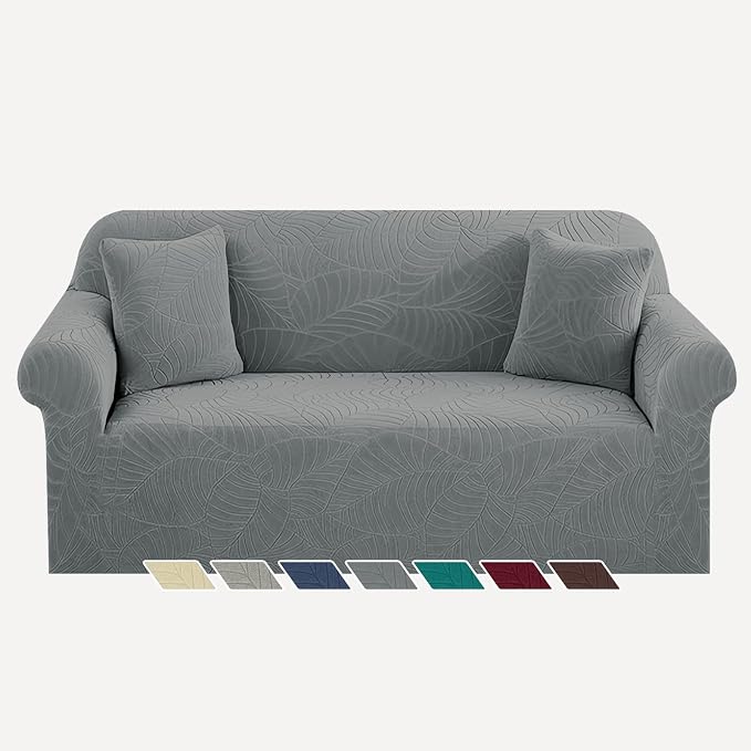 YEMYHOM Couch Cover Latest Jacquard Design High Stretch Sofa Covers for 2 Cushion Couch, Pet Dog Cat Proof Loveseat Slipcover Non Slip Elastic Furniture Protector (Medium, Begonia Leaf Dark Grey)