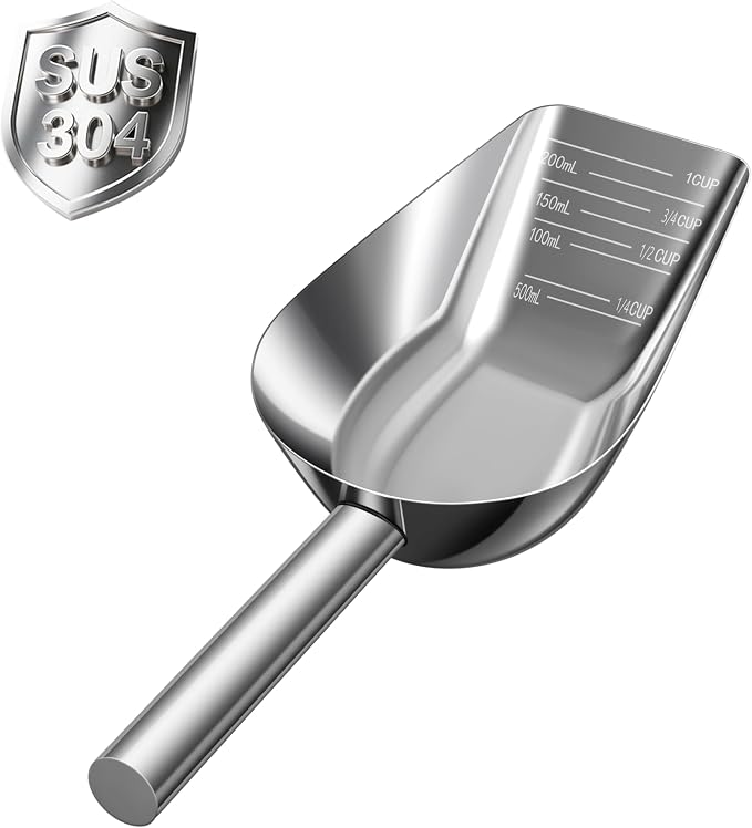 Dog-Cat Food Scoop 1 Cup – Thickened 304 Stainless Steel Pet Food Scoop with Long Handle, Precision Scale, Easy to Clean, for Wet Dry Food