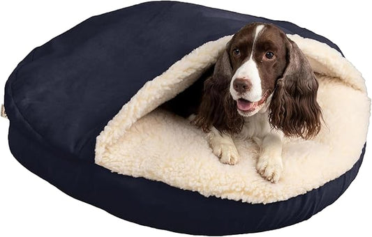 Snoozer Cozy Cave Dog Bed - Indoor Dog Bed with Cover Cave, Covered Calming Burrow for Small Sized Pets with Blanket Attached, Enclosed, Removable Washable Cover - Small, Navy