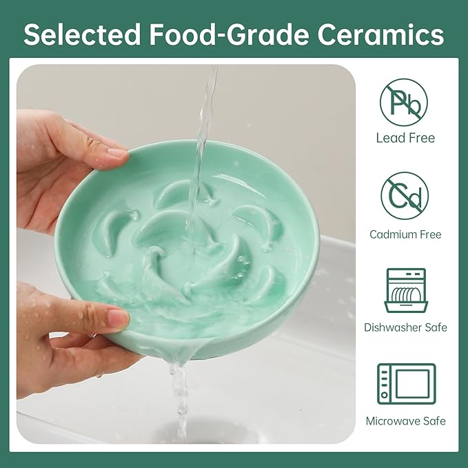 Ceramic Cat Slow Feeder Bowl - 6.3'' Wide Opening Whisker Friendly Cat Plate for Dry and Wet Food - Cute Maze Feeder Dish Helps Reduce Vomiting - Microwave and Dishwasher Safe - Green