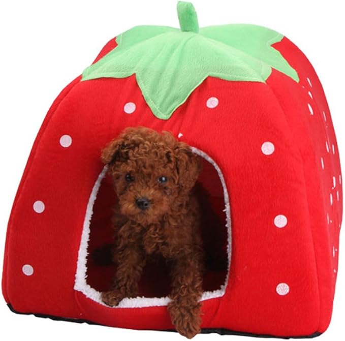 Strawberry Plush Pets House Washable Pets Cave Sofa Half-Closed Fluffy Dogs Room Soft Puppy House for Winter Indoor