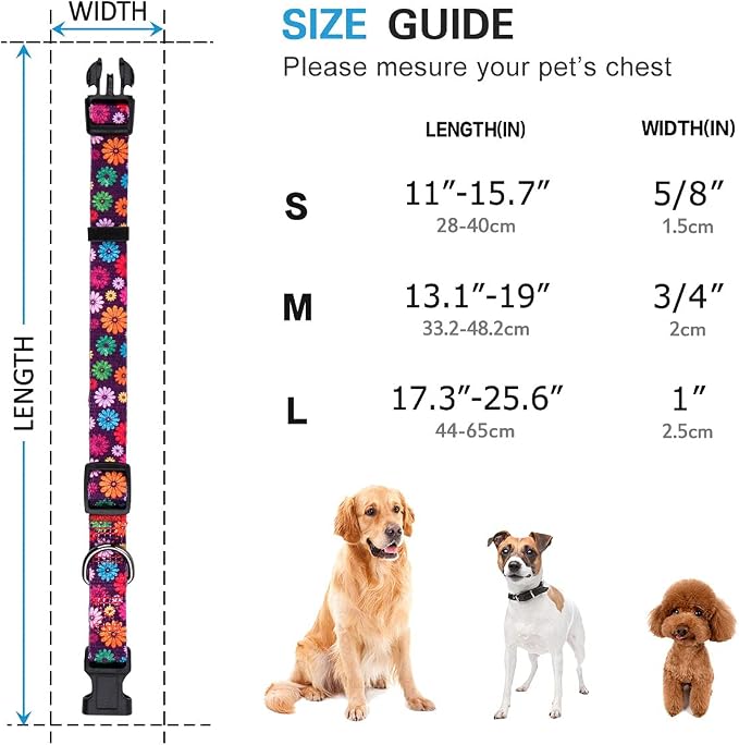Girl Dog Collars Fall Daisy Pattern, Colorful Flowers Print, Female Collar, Dark Purple, Medium