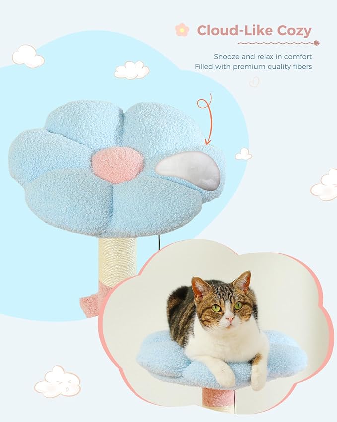 MUTTROS Flower Cat Tree 47.2" Multi-Level Cat Tower with Sisal Covered Scratching Posts, Cute Cat Condo for Indoor Small Medium Cats, Pink Top Perch, Ramp, Fluffy Ball, Blue