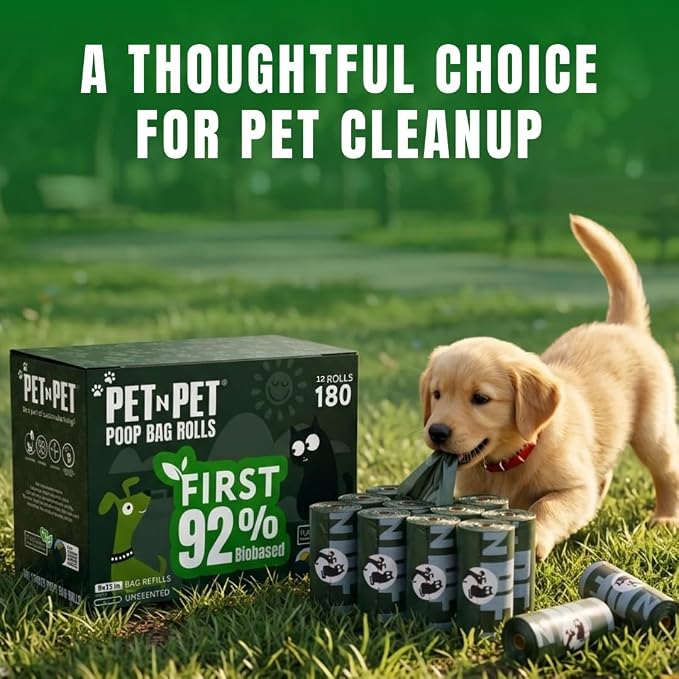 Pet N Pet 180 Counts Dog Poop Bags Rolls, 92% Plant Based Poop Bags for Dogs, Leak Proof Thick Doggie Poo Bag, Unscented Cat & Dog Waste Bag
