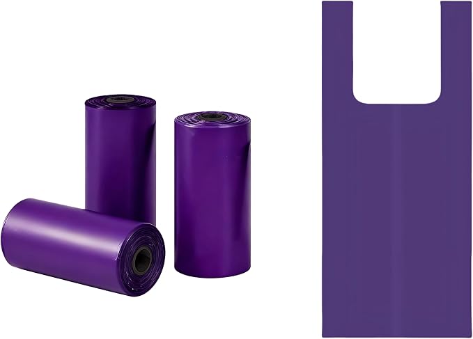 Purple T-Shirt Poop Bags with Easy-Tie Handles – Leak-Proof, Extra Thick Waste Bags for Small Dogs & Cats,3 Rolls (45 Count)