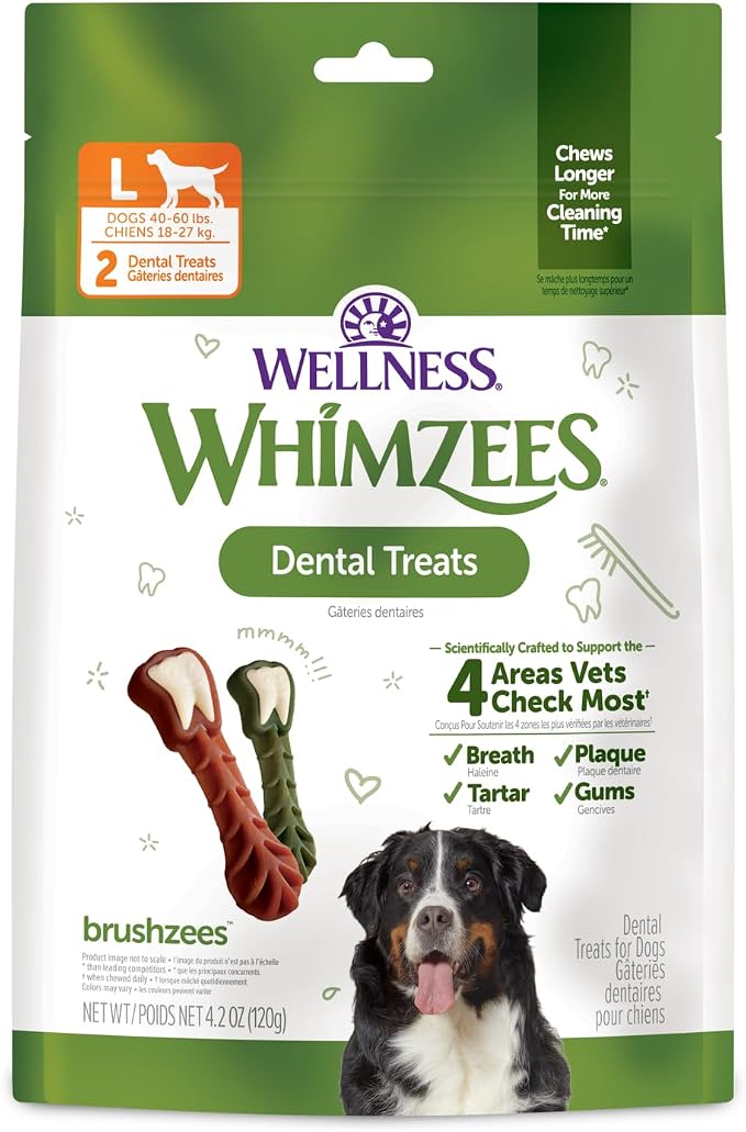Wellness WHIMZEES Brushzees Natural Dog Dental Treat, VOHC Accepted Chews, Freshens Breath, Large Size, 4.2 oz Bag, 2 Count