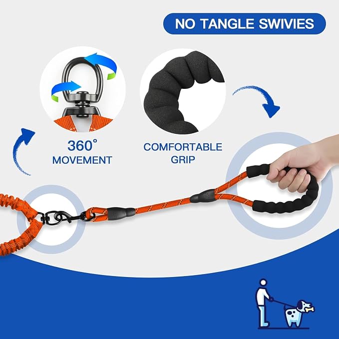 MingXpets Double Dog Leash, Dual Dog Leash, 360° Swivel Tangle Free Bungee Walking Training for Large Medium Dogs, Shock Absorbing Bungee Reflective for Two Dogs, 18~120 lbs, Orange