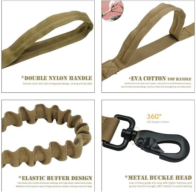 Tactical Dog Collar and Leash Set Tactical Dog Collar with Handle Bungee Leash Adjustable Military Training Nylon Collar Dog Training Collar Leash Set with Control Handleand Metal Buckle （Brown L