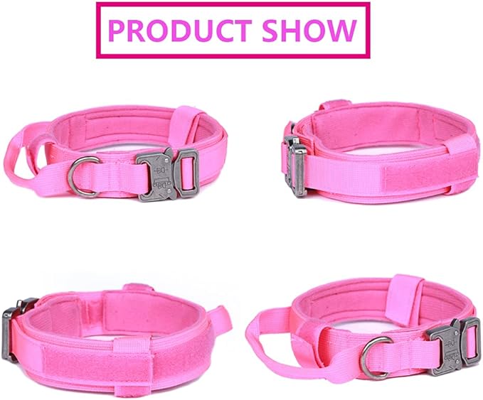 Tactical Dog Collar Adjustable Military Nylon Dog Collar with Control Handle and Heavy Duty Metal Buckle for Medium and Large Dogs (Pink,S)