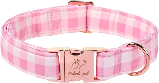 Girl Dog Collar, Classic Pink Gingham Dog Collars - Soft Adjustable Spring Summer Everyday Collars for Small Medium Large Dogs, Sweet Checkered Female Dogs Collar S