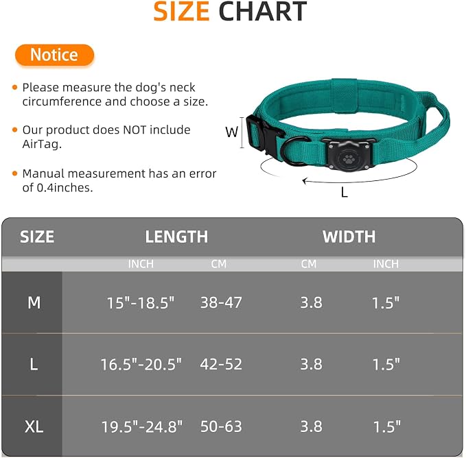 Tactical AirTag Dog Collar, 100% Waterproof Integrated Apple Air Tag Dog Collars with Hard PC AirTag Holder, Adjustable Military Collar with Handle, GPS Dog Collar for Medium Large Dogs(Blue,L)