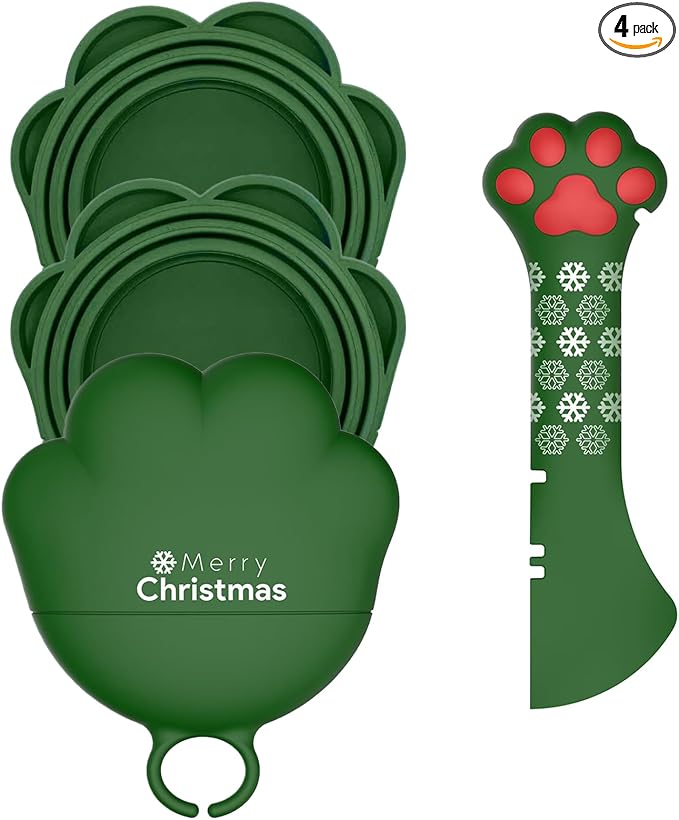 Christmas Pet Set - 3 Cat Food Can Lids & 1 BPA-Free Opener | Cute Paw Shape Can Covers and Opener Spatula Spoon for Wet Food | Silicone Spoon & Covers for Dog Cat - Paw Green