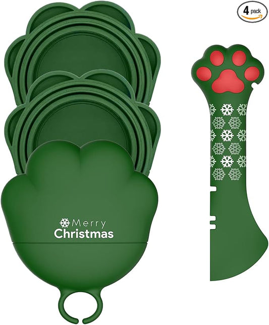 Christmas Pet Set - 3 Cat Food Can Lids & 1 BPA-Free Opener | Cute Paw Shape Can Covers and Opener Spatula Spoon for Wet Food | Silicone Spoon & Covers for Dog Cat - Paw Green
