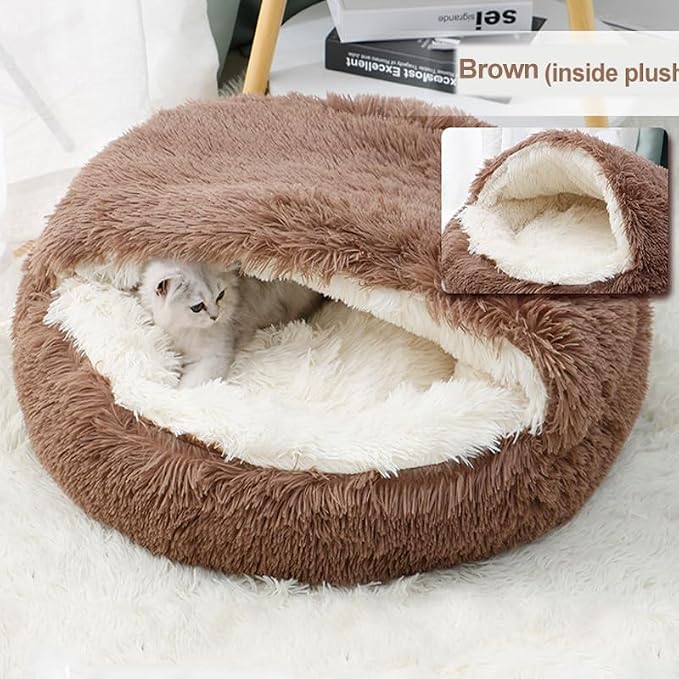 Cat Bed Round Fluffy Hooded Cat Bed Cave, Anti-Anxiety Cave Bed with Hooded Blanket, Cozy Cuddler Luxury Puppy Pet Bed, Anti-Slip Bottom and Machine Washable (Brown, Large)