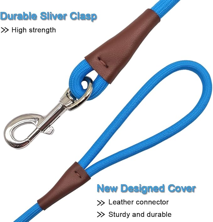 MayPaw 4/6 /8/10 FT Dog Leash, Classic Solid Colors, Strong Nylon Rope Dog Leash Reinforced with Leather Tailor Connection Heavy Duty Silver Clasp (Blue, 4ft*1/2")