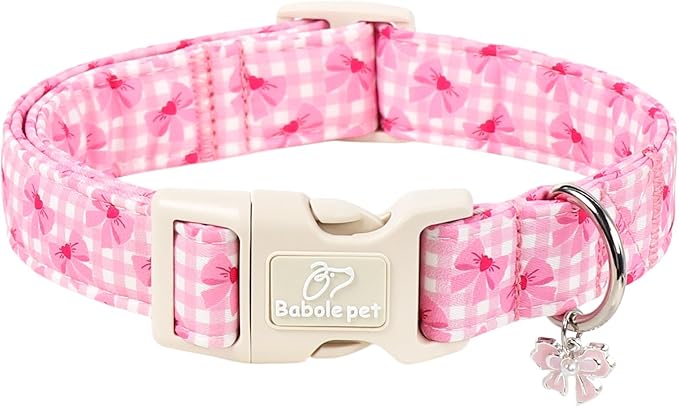 Girl Dog Collar Pink Gingham Bow Dog Collars for Giant Large Dogs - Lightweight Adjustable Girly Spring Female Dogs Everyday Collar with Safety Buckle XL
