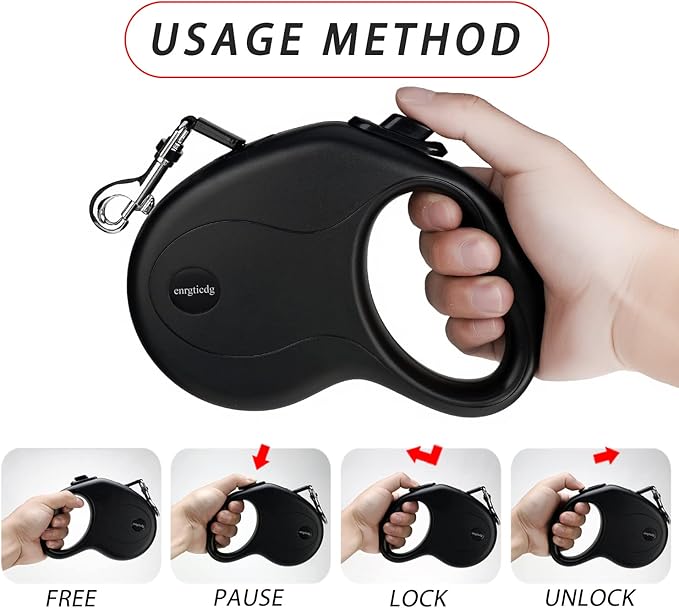 enrgticdg 16Ft Retractable Dog Leash,Light Weight Leash for Small to Medium Dogs/Cats Up to 50lbs,Stainless Steel Spring Strong Nylon Tape, Tangle Free, One-Handed Brake.(Black)