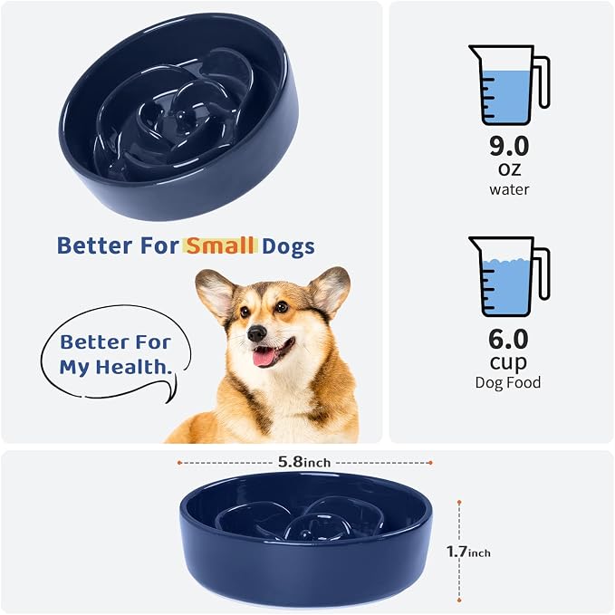 Slow Feeder Dog Bowls, Ceramic Slow Feeding Bowl for Small and Medium Breed, Anti Choking Puzzle Dog Food Bowl with Non-Slip Base for Fast Eater (Blue, S-0.6CUP)