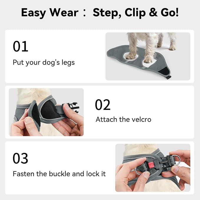 Joytale Small Dog Harness, Breathable Mesh Step-in Vest, Reflective Soft Padded Harnesses for Cats, Puppies and Extra Small Dogs, Gray, XXS