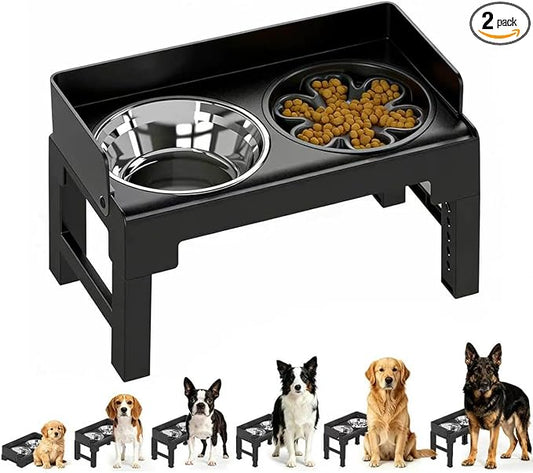 PAKEWAY Elevated Dog Bowls, Spill Proof, Tiltable Pet Feeder with 1 Slow Feeder Bowl &1 Stainless Steel Bowl, 6 Height Adjustable Raised Dog Bowls Stand for Medium Large Dogs