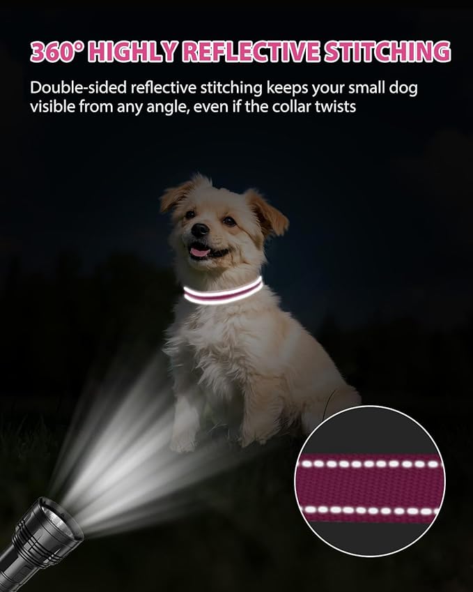 Joytale Dog Collars for Small Dogs, Feather-Light Double-Sided Reflective Nylon Collar for Night Safety, Adjustable Quick-Release for Growing Puppies, Hotpink, S (5/8" Width)