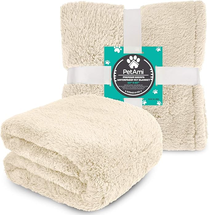 PetAmi Fluffy Waterproof Dog Blanket for Couch and Bed, Reversible Sherpa Pet Throw, Pee Proof Furniture Protector Sofa Cover, Washable Cat Blanket for Medium Large Dogs and Cats (Beige Cream, 60x80)