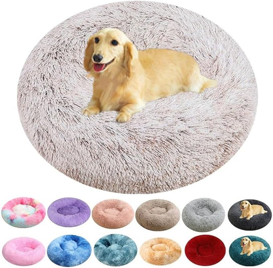 Dog & Cat Bed, 20 Inch Cat Beds for Indoor Cats, Calming Donut Bed for Small Medium Dogs and Cats, Anti-Anxiety Plush Faux Fur Large Cat Beds Washable (Coffee White)