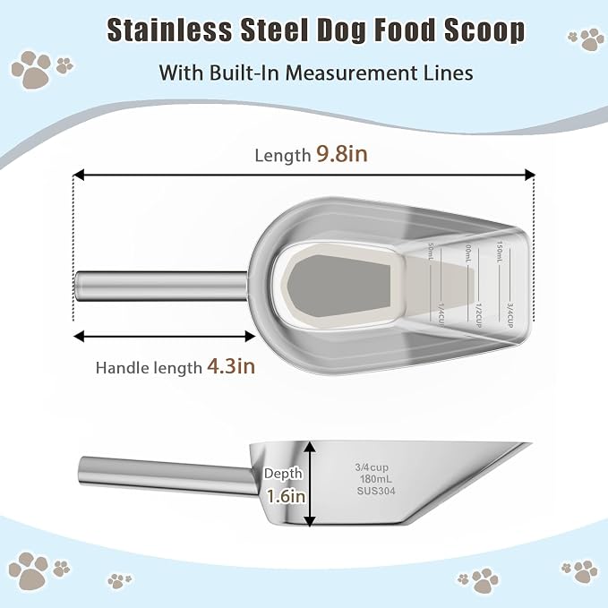 Dog-Cat Food Scoop 3/4 Cup / 6oz, Aloxina Thickened 304 Stainless Steel Pet Food Scoop with Long Handle, Precision Scale, Easy to Clean, Suitable for Wet and Dry Food
