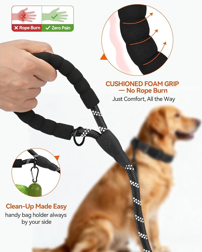 Joytale Dog Leash for Large Dogs, Heavy Duty Nylon Leashes with Comfortable Padded Handle and Highly Reflective Threads, Ideal for Walking and Training, Black, 5'×1/2''