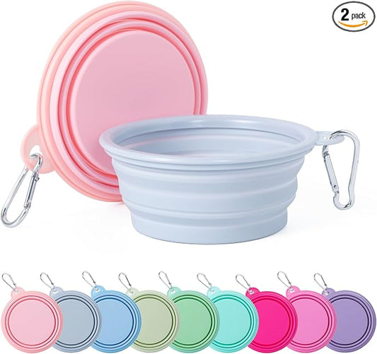 SLSON Collapsible Dog Bowl, 2Pack Macaron Color Pet Travel Bowls Silicone Foldable Water Feeder Dish for Small to Large Dogs Cat Walking Hiking Camping (Macaron Coral and Light Grey, Small)