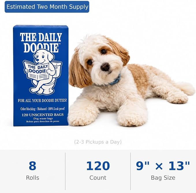 Premium Dog Poop Bags, Certified Compostable, 25 Micron Extra Thick & Leak-Proof, 120 Unscented Bags (8 Rolls), Large 9x13 Inch
