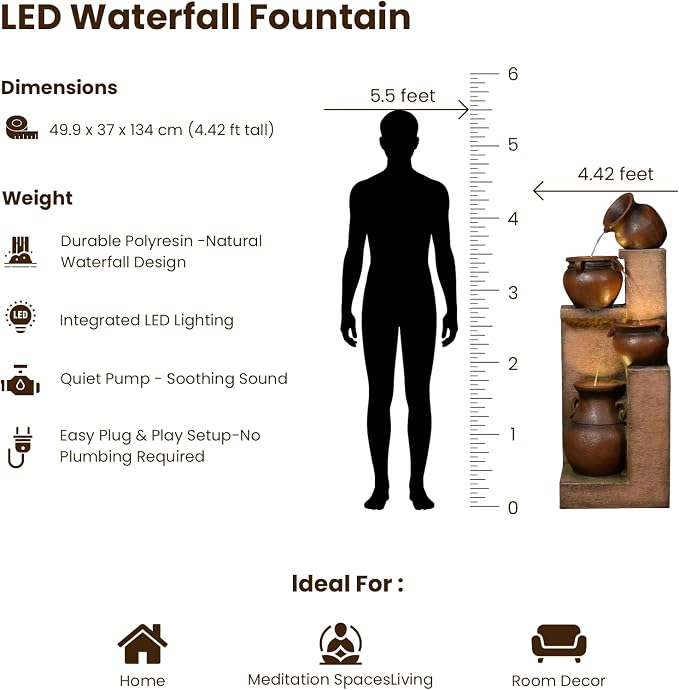 Resin Outdoor Water Fountain 4-Tier Jar Waterfall - Quiet Pump, LED Lights, Rustic Jar Cascading Water Feature for Garden Patio Backyard Decor, 53" H Fountain, Gold