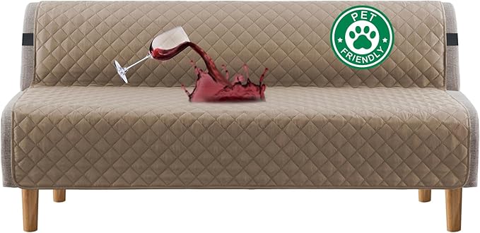 Turquoize 100% Waterproof Futon Cover Futon Slipcover Washable Armless Sofa Bed Slipcover Protector Seat Width Up to 70" with Adjustable Elastic Strap Anti-Slip for Dogs, Taupe