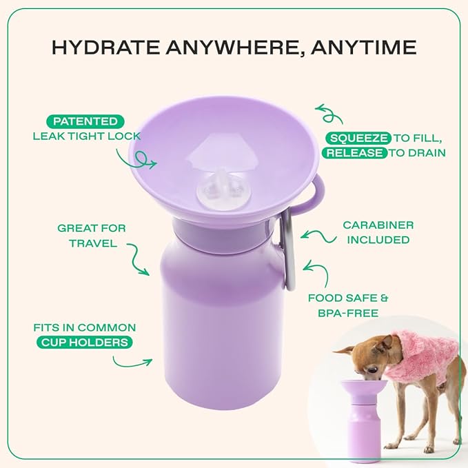 Springer by Springland 15oz Mini Dog Travel Water Bottle, Lilac, Portable Dispenser for Dogs & Puppies, Patented Leak-Proof Bowl, BPA-Free, One-Hand Squeeze, Carabiner Included | Shark Tank