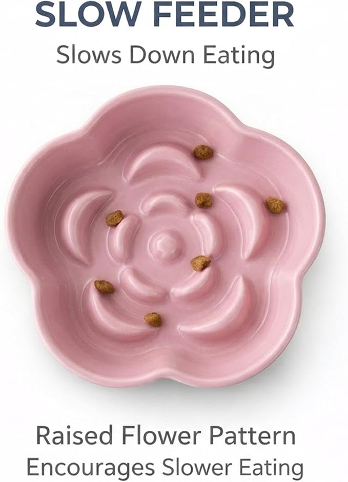 Elevated Ceramic Slow Feeder Cat Bowl, 15° Tilted Feeding Dish Helps Reduce Fast Eating and Vomiting, Whisker-Friendly Heavy Smooth Matte Ceramic, Dishwasher Safe (Blue/Pink)