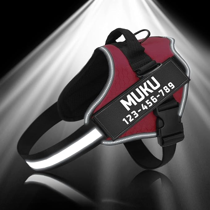 MUMUPET Custom Dog Harness Vest with 2 Personalized Name & Phone Patches, No Pull Reflective Adjustable with Handle, Soft Breathable Padding for Large Dogs (Red, L)