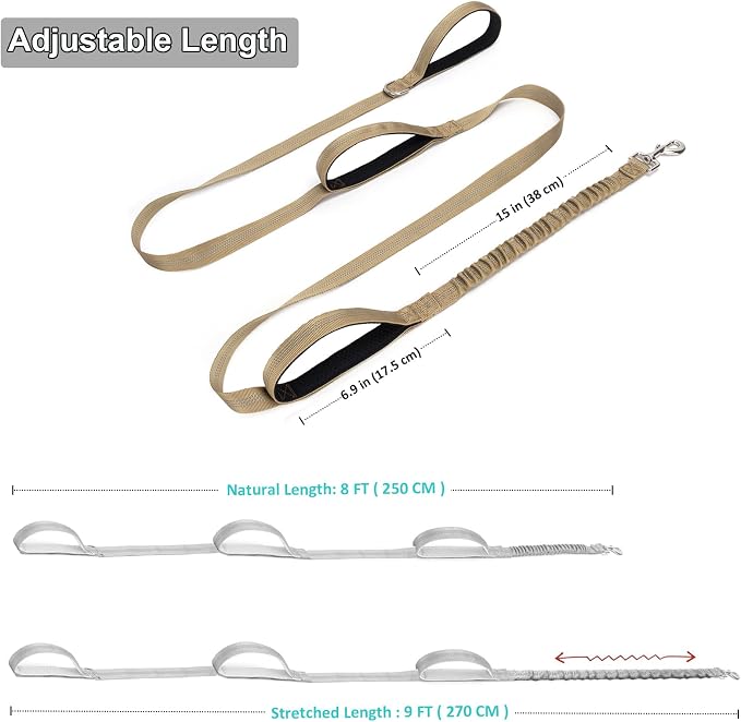 BTINESFUL 8ft Dog Leash with 3 Handles, Reflective Shork Absorbing Bungee Dog Leash, Safety Training Controlling for Large Medium Dogs (Brown, 1 in x 8 ft)