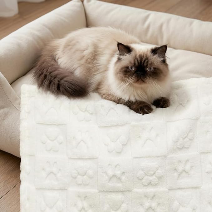 Americanflat 30x40 Jacquard Fleece Throw Blanket - Soft and Breathable Pet Blankets for Couches, Bed, Chair - Fleece Blanket for Home, Bedroom, or Outdoor - Cream Paw Print Blankets for Dogs or Cats