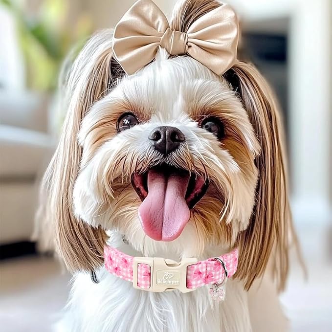 Girl Dog Collar Pink Gingham Bow Dog Collars for Giant Large Dogs - Lightweight Adjustable Girly Spring Female Dogs Everyday Collar with Safety Buckle XL