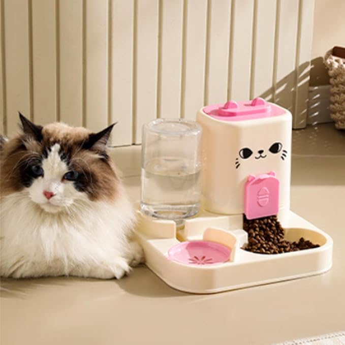 2 in 1 Automatic Pet Feeder Water Dispenser Portable Travel Supplies Cat Food Bowl Food Container for Kitten Small Dogs Bunny, Pink