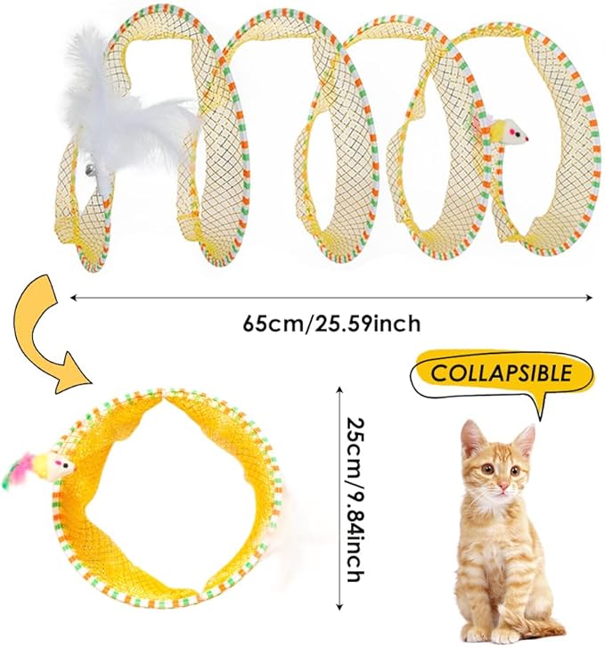 Spiral Tunnel Cat Toy, 25.59 Inches Unfolded with Cat Wand Self Play Collapsible, Hunting Spiral Tunnel with Feather Mouse Toys and Bell for Indoor Kitten Play Chase Exercise (Blue)