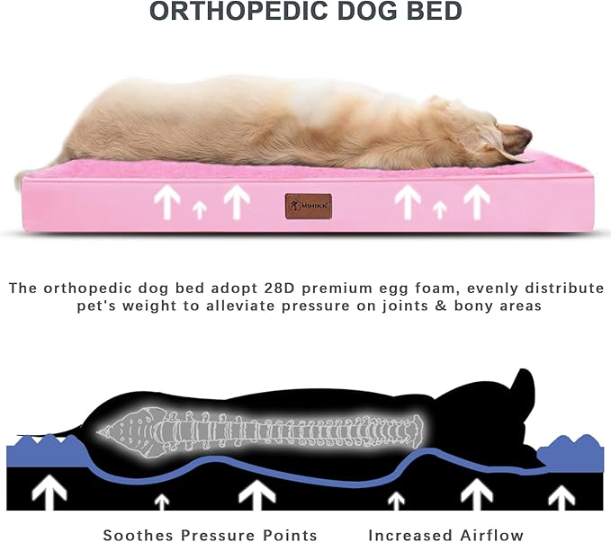 Waterproof Dog Bed Medium Size Dog Orthopedic Pet Beds for Crate with Removable Washable Cover Egg-Crate Foam Pet Pad Mat with Anti-Slip Bottom, 35x22 Inch, Pink