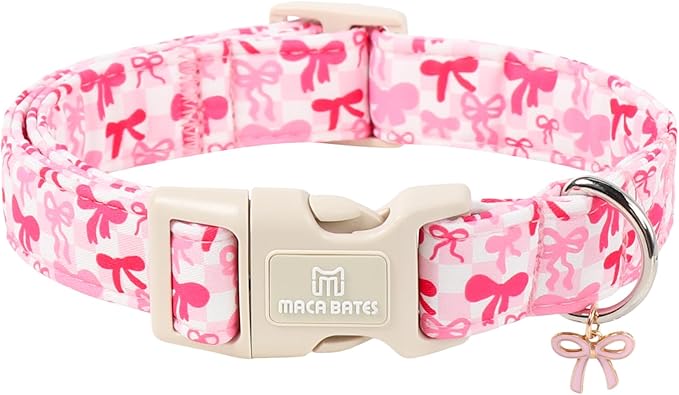 Maca Bates Pink Bow Basic Dog Collar with Cute Sailor Bowtie Charm for Extra Small Girl Dogs, Girly Bows Gingham Pattern,Feminine Style Adjustable Durable Soft Collars Birthday Gift for Female Puppy