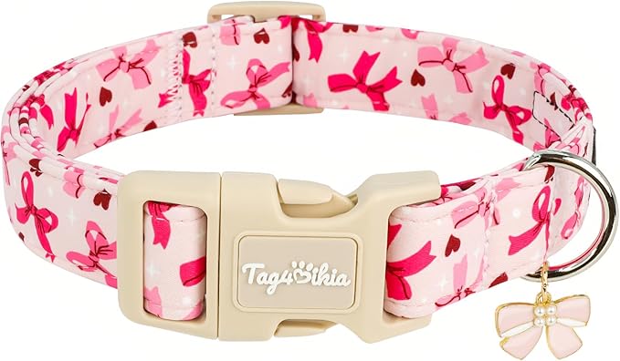 Girl Dog Collars for Small Dogs, Summer Dog Collar with Pink Bow with Metal Buckle Pet Collar for Girl Dogs for Female Dog Adjustable Soft Pink Girl Dog Collar for Puppy Small Dogs-S