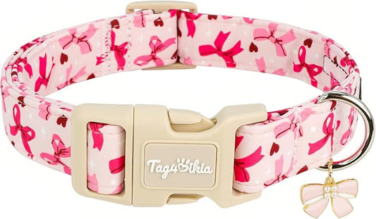Girl Dog Collars for Small Dogs, Summer Dog Collar with Pink Bow with Metal Buckle Pet Collar for Girl Dogs for Female Dog Adjustable Soft Pink Girl Dog Collar for Puppy Small Dogs-S